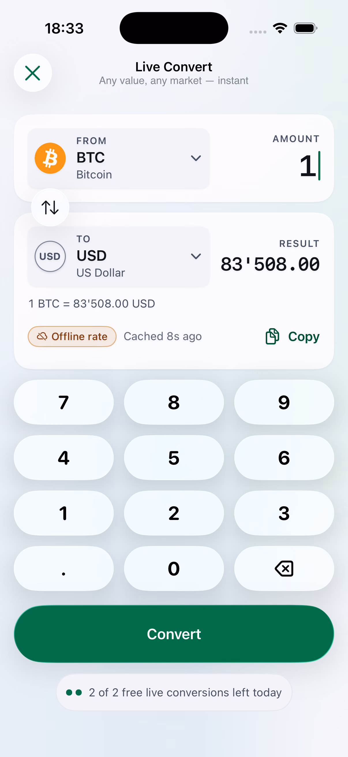 SnapPulse — Live converter: Crypto and fiat, with offline cache.