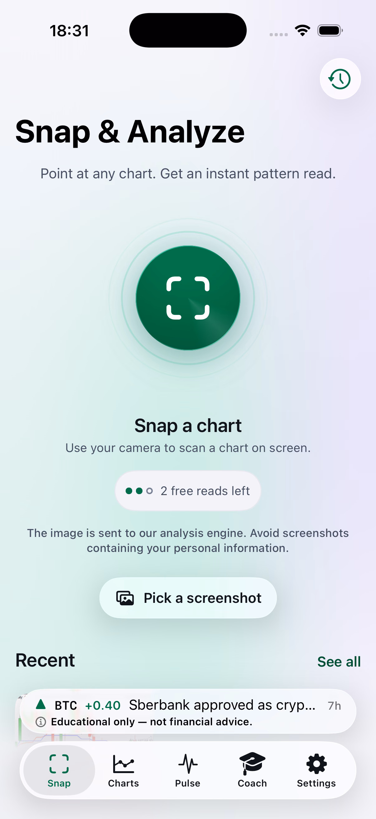 SnapPulse — Snap & Analyze: Point at any chart or pick a screenshot.
