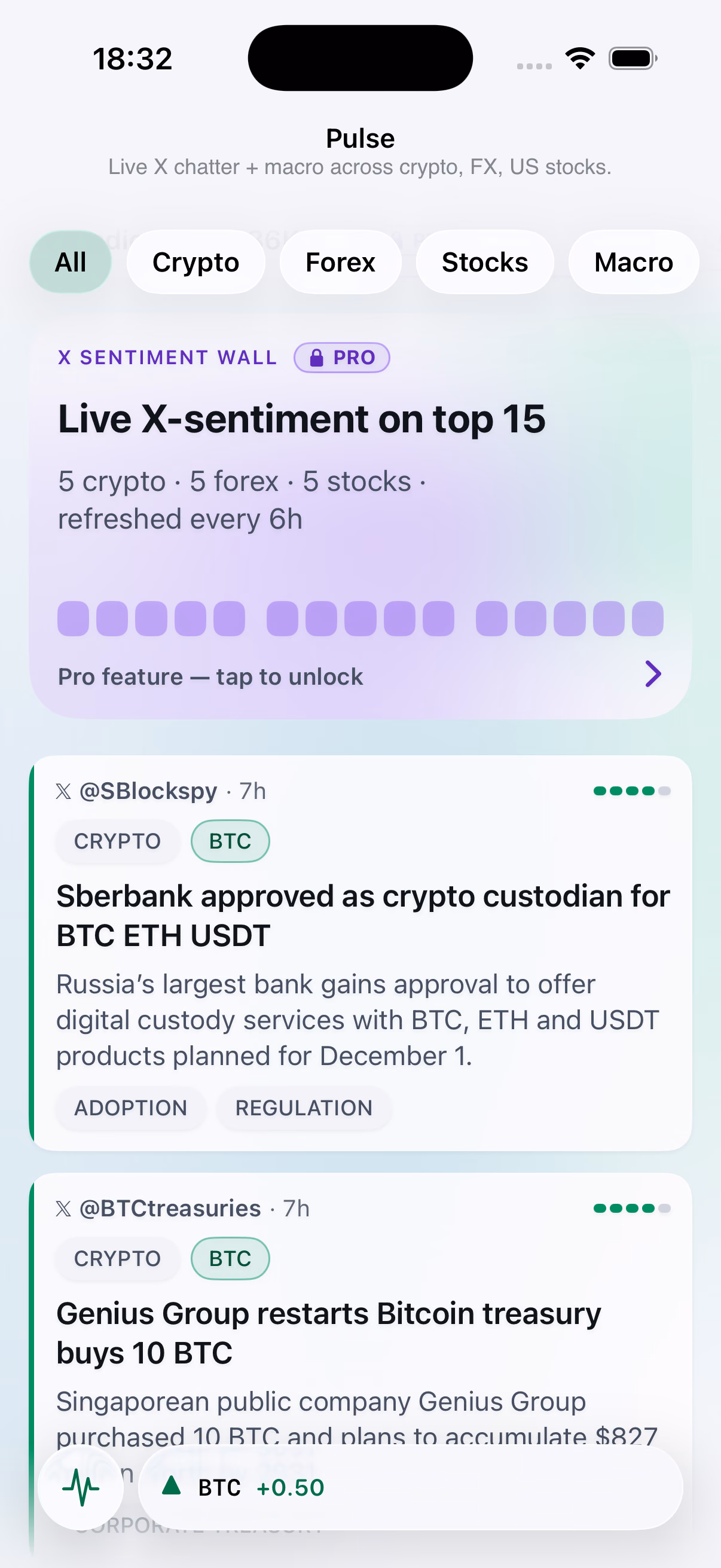 SnapPulse — X sentiment wall: Live X chatter scored per asset.